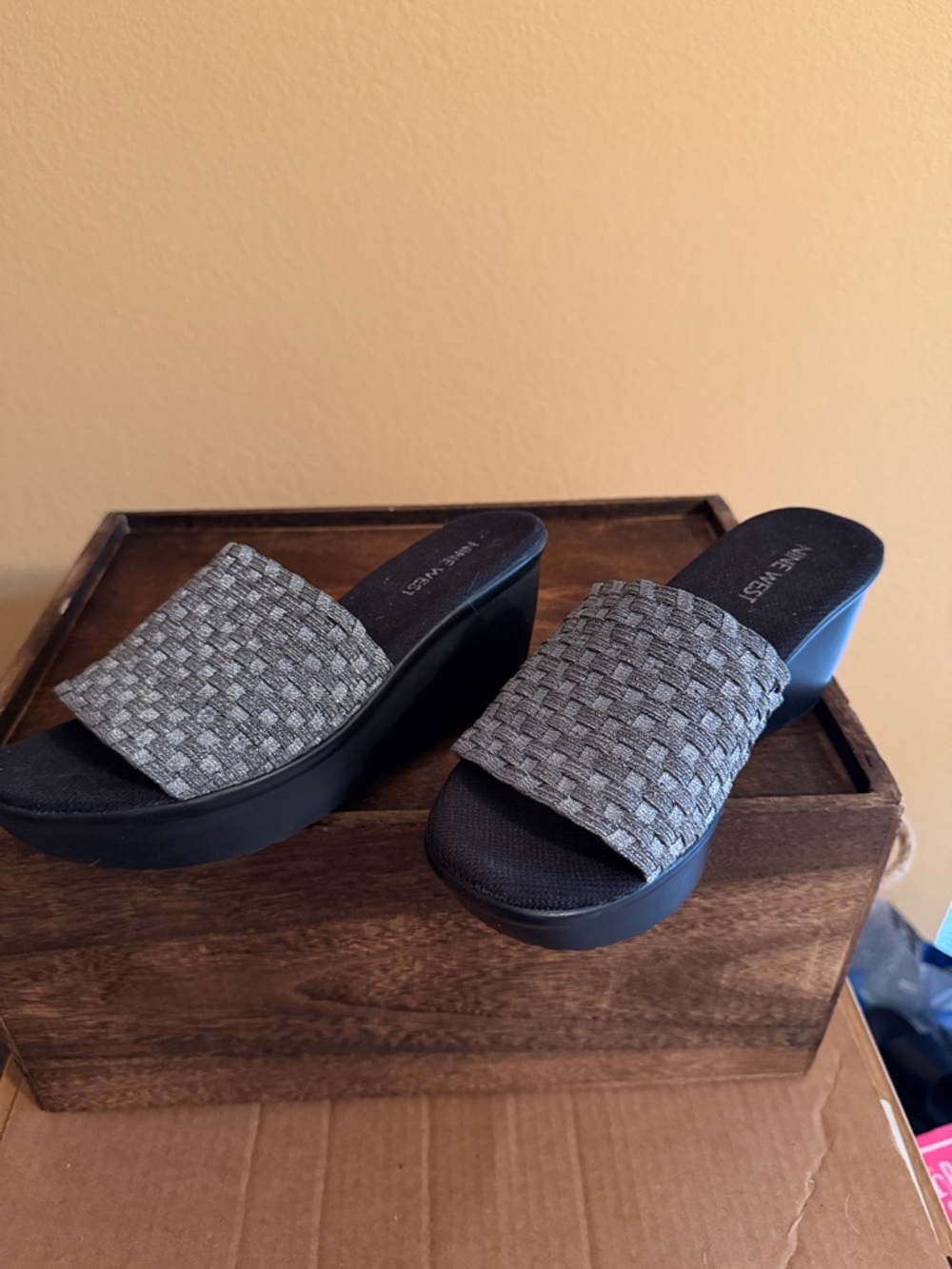 Nine West Gray Woven Slide Heels